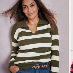 Talbots Milano Stitch Olive & White Wool Blend Striped Johnny Collar Sweater, MP
